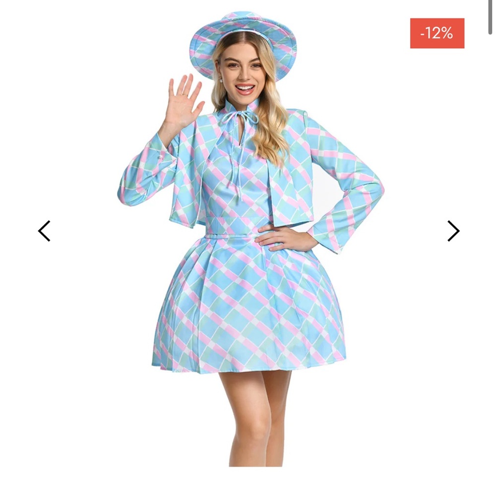 🎀 BARBIE ADULT WOMEN COSTUME MARGOT ROBBIE PLAID DRESS WITH HAT CARDIGAN